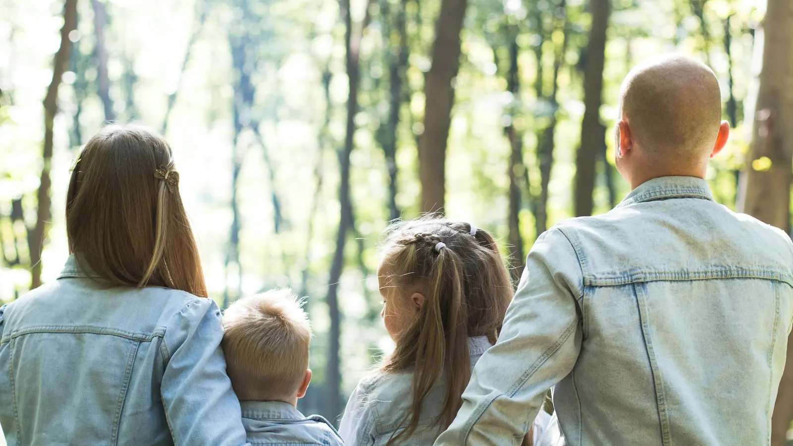 A family walking together through a bright forest